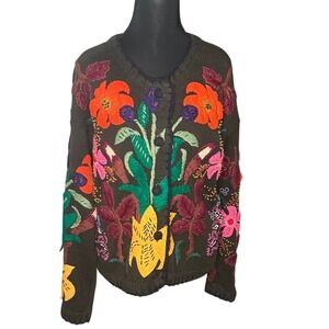 Jodi Blake Women's Medium Brown Floral Applique Knit Beaded Cardigan Sweater